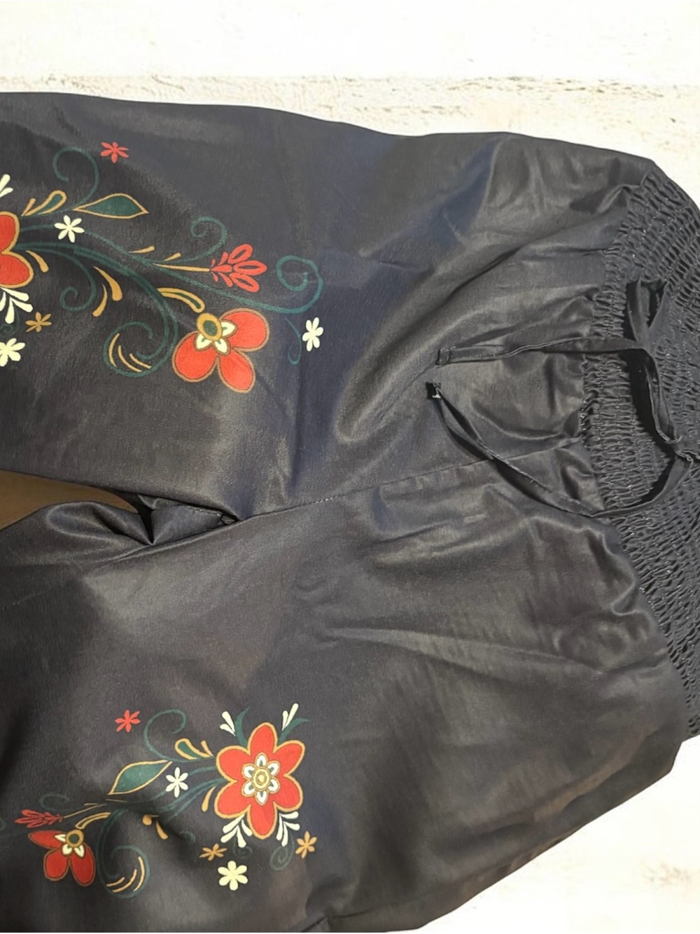 Black Floral Boho Elastic Waist Pants